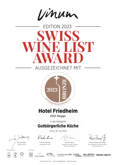 Swiss Wine List 2023 Bronce Awards Hotel Friedhelm Weggis